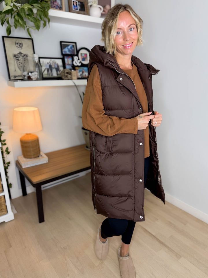 Mono B Harbour Lights Hooded Longline Puffer Vest- COFFEE BEAN