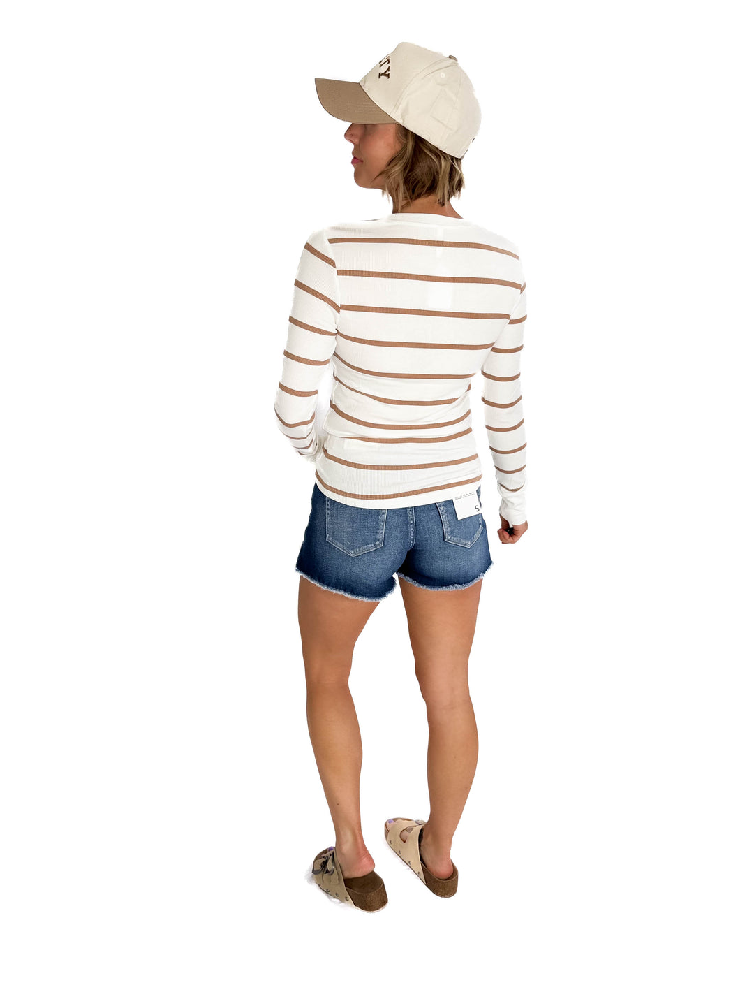 Chleo Classic Ribbed Striped Henley- CARAMEL