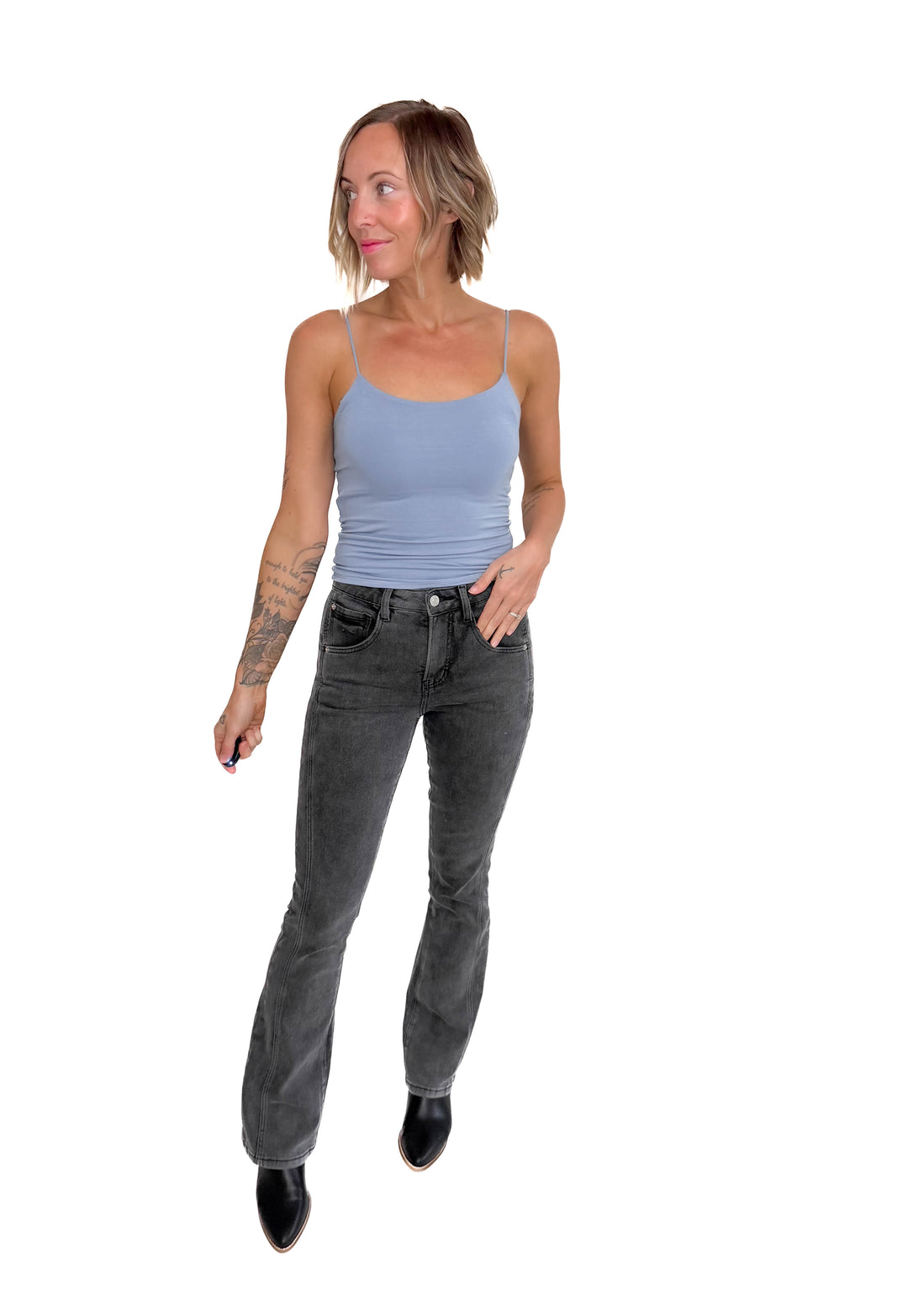 Mica Ria High Rise Bootcut Side Panel Tummy Tuck Jeans- MATTE BLACK