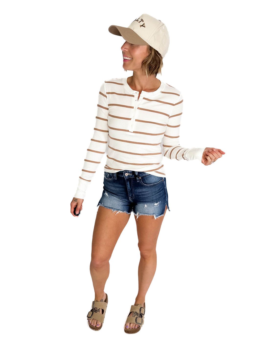 Chleo Classic Ribbed Striped Henley- CARAMEL