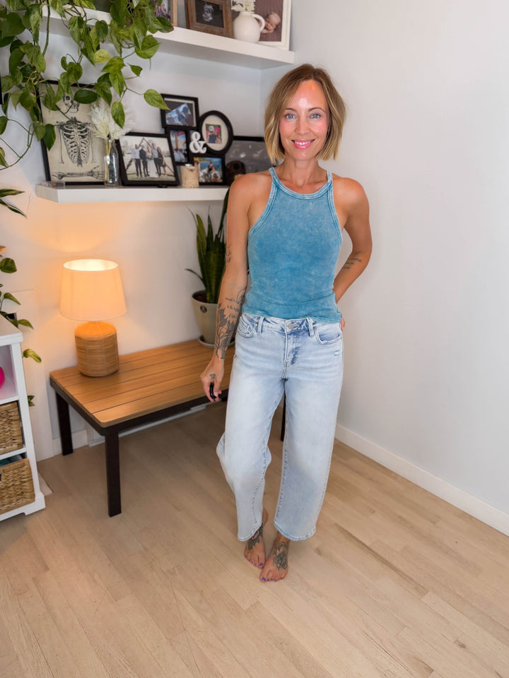 RISEN Marigold High Rise Slim Crop Barrel- LIGHT WASH