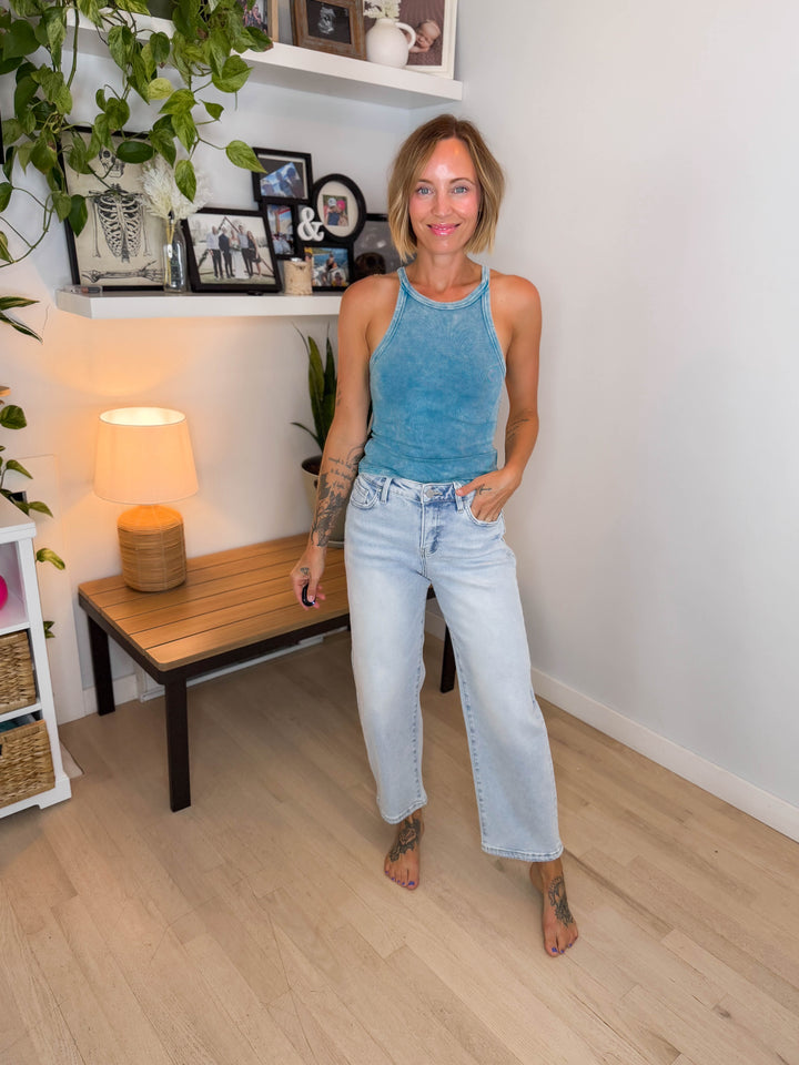 RISEN Marigold High Rise Slim Crop Barrel- LIGHT WASH