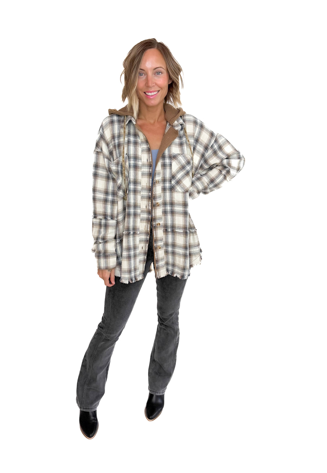 Erin Hooded Plaid Button Down Jacket- MOCHA NAVY