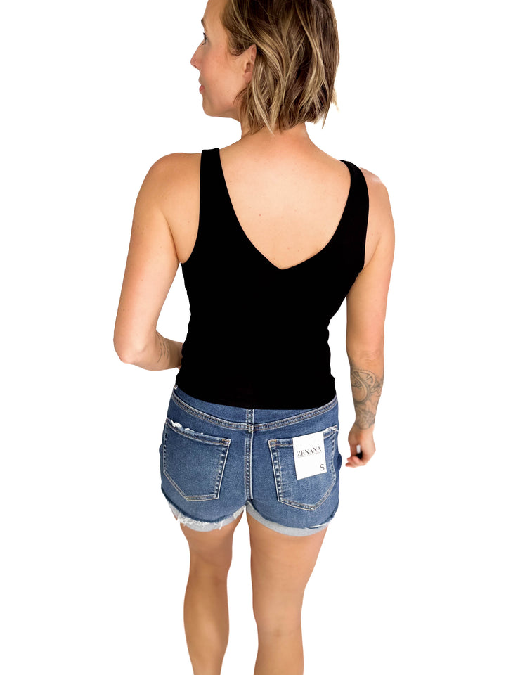 Lucy Double V Neck Jersey Tank-  BLACK-FINAL SALE