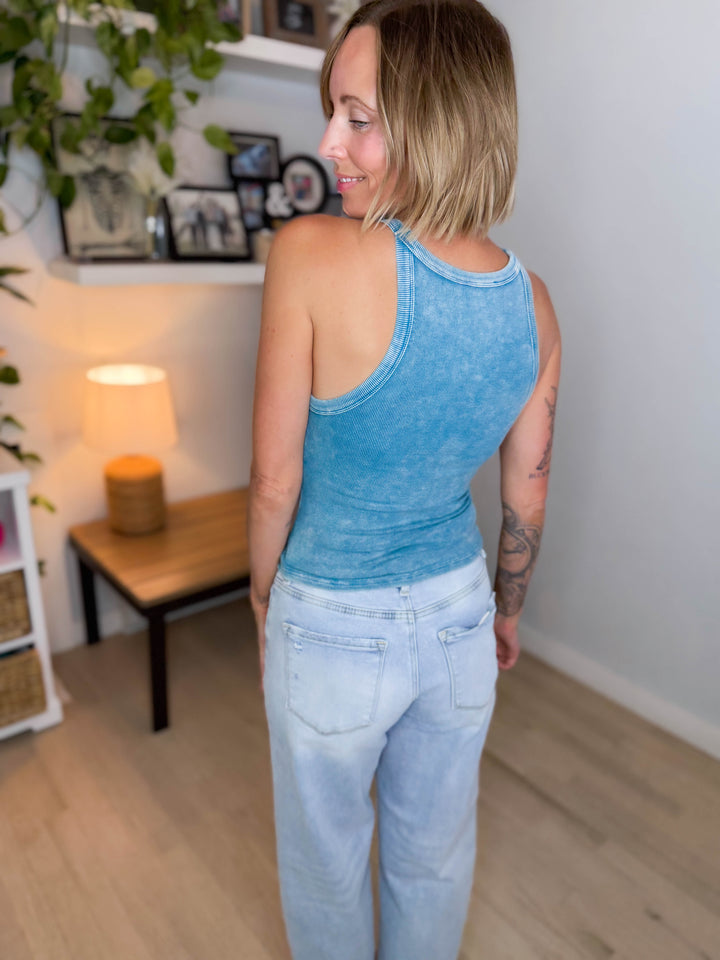 Oasis Ribbed Halter Tank- TURQUOISE