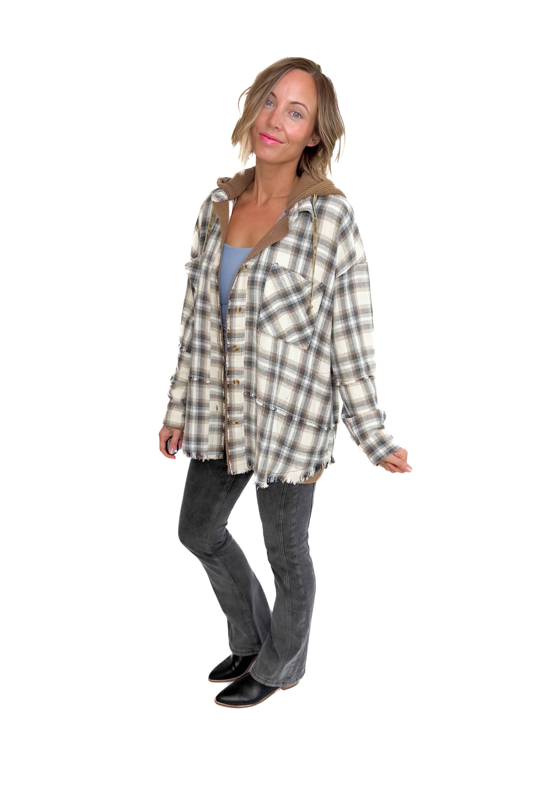 Erin Hooded Plaid Button Down Jacket- MOCHA NAVY