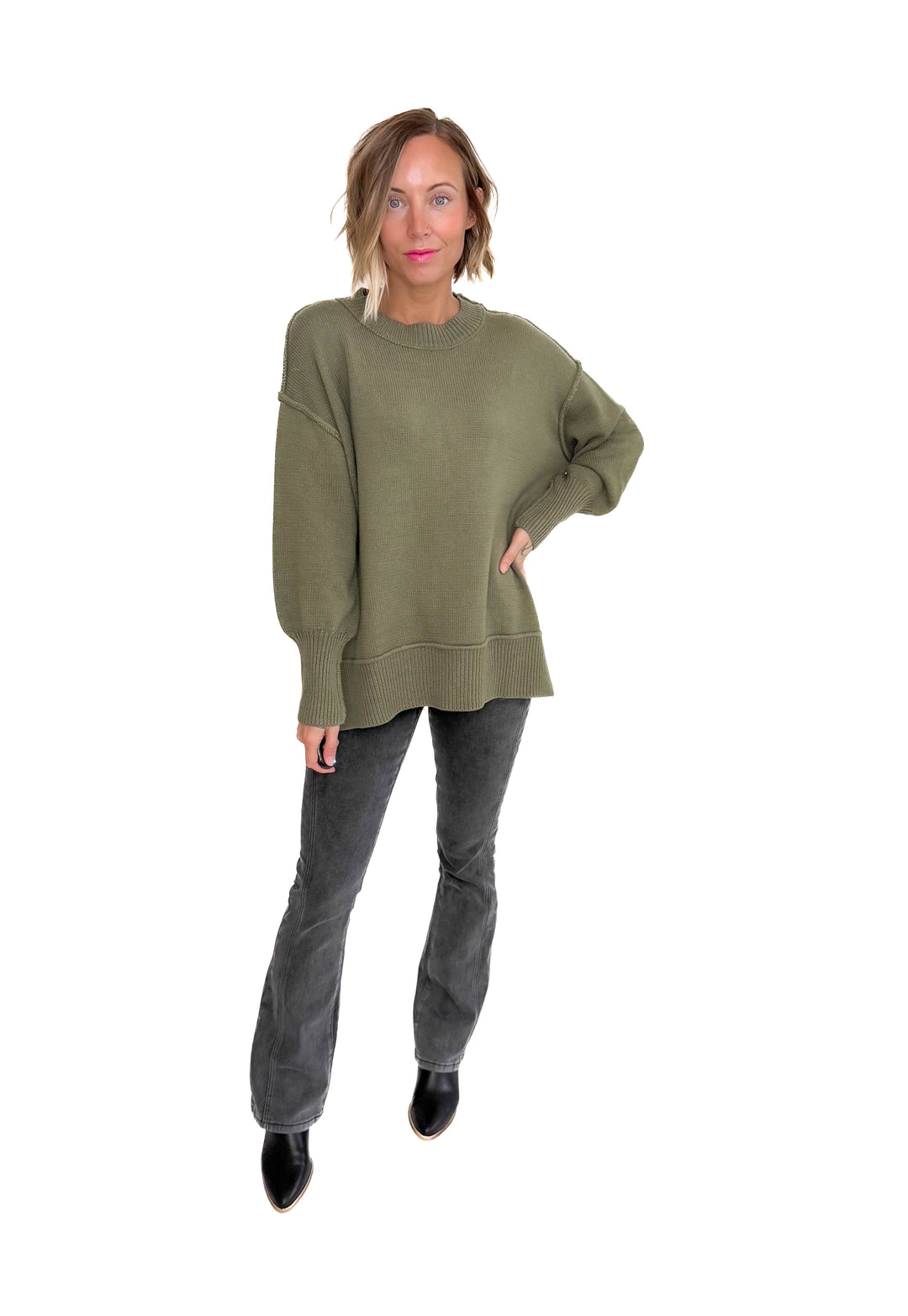 Katie Classic Crewneck Knit Sweater- OLIVE