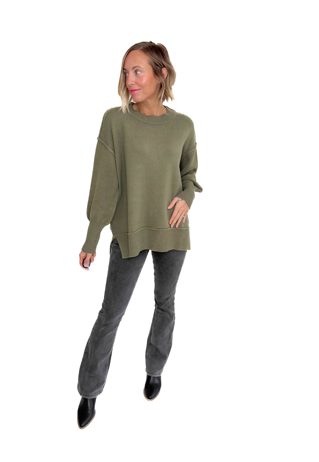 Katie Classic Crewneck Knit Sweater- OLIVE