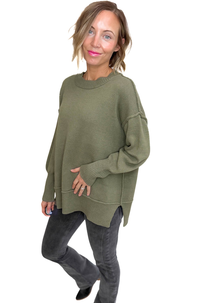 Katie Classic Crewneck Knit Sweater- OLIVE