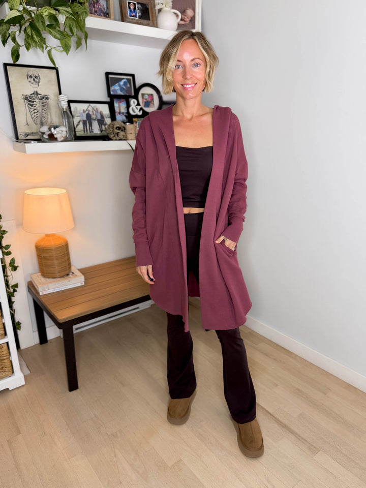 MONO B Whistler Longline Hoodie Cardigan- ROSEWOOD