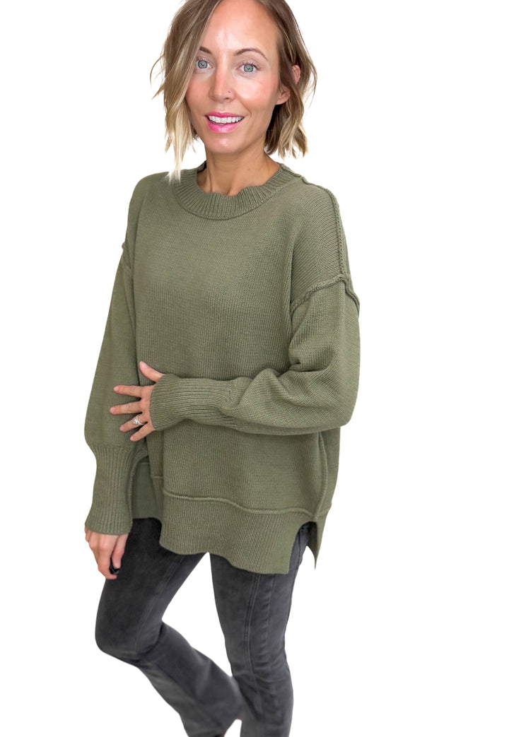Katie Classic Crewneck Knit Sweater- OLIVE