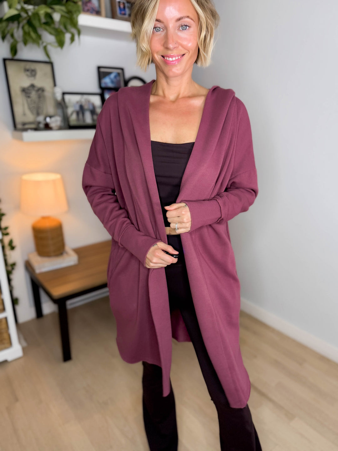 MONO B Whistler Longline Hoodie Cardigan- ROSEWOOD