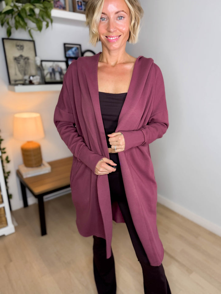 MONO B Whistler Longline Hoodie Cardigan- ROSEWOOD