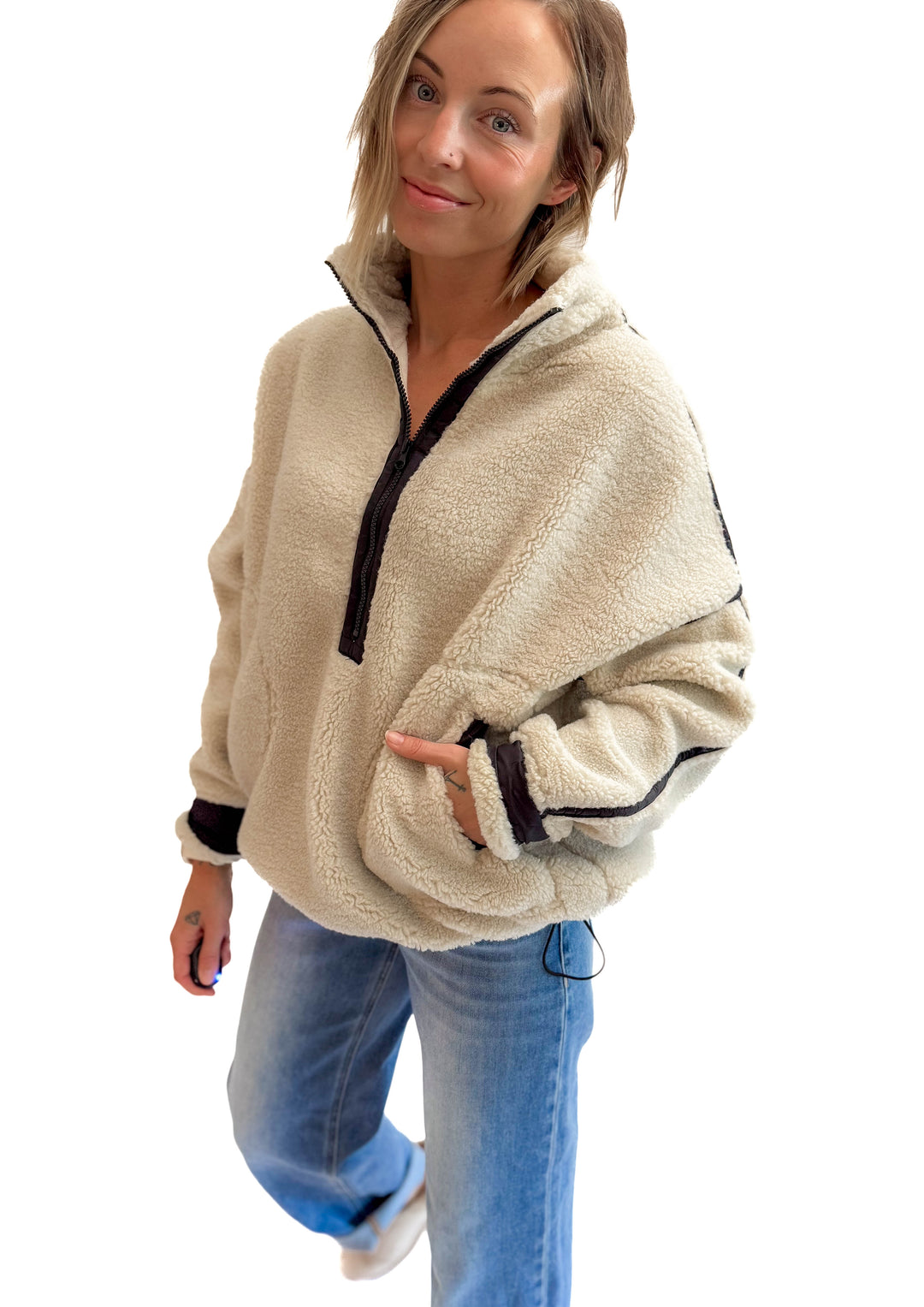 Marlow Fleece 1/2 Zip Pullover- OATMEAL/BLACK