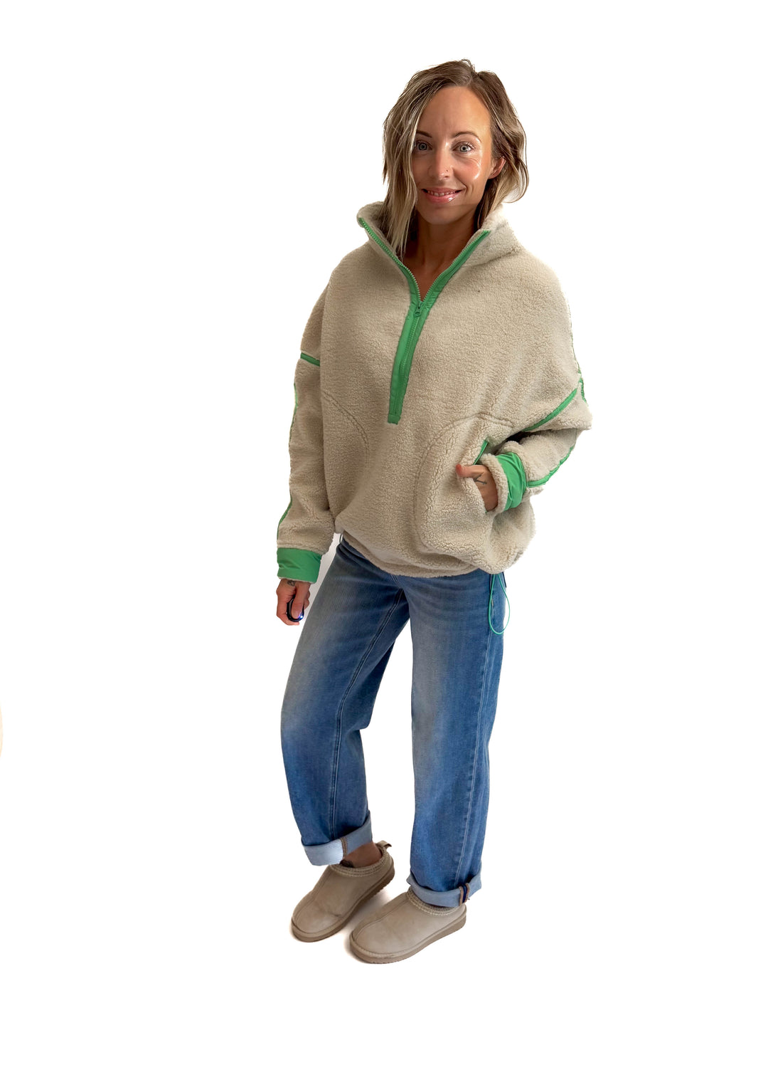 Marlow Fleece 1/2 Zip Pullover- OATMEAL/GREEN