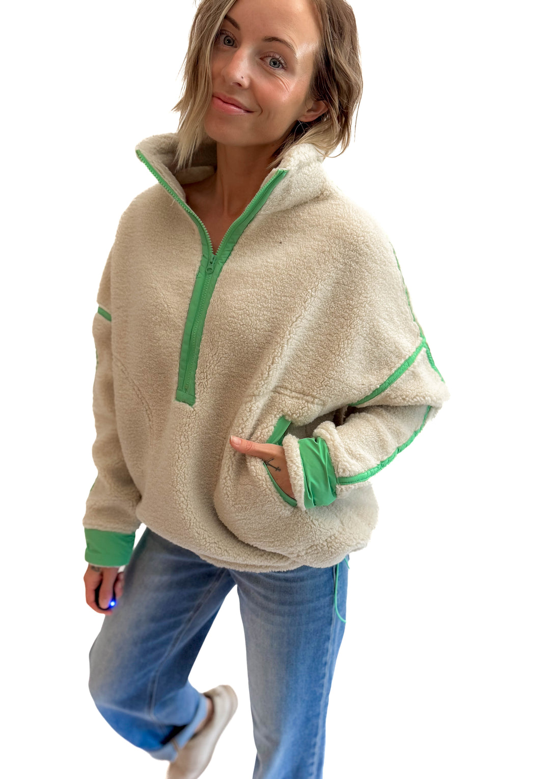 Marlow Fleece 1/2 Zip Pullover- OATMEAL/GREEN