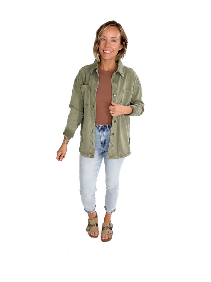 Bethany Washed French Terry Shacket- OLIVE