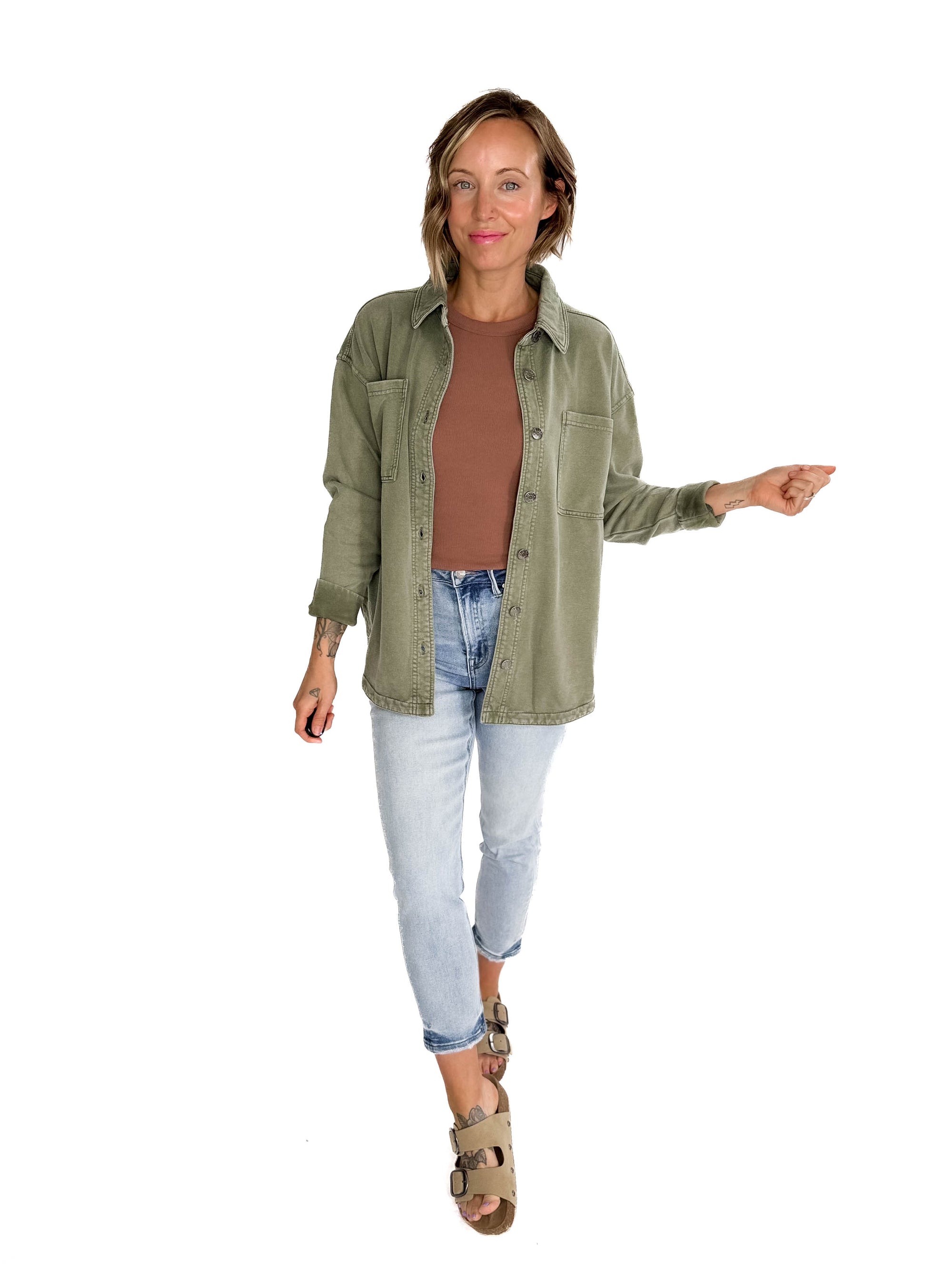 Bethany Washed French Terry Shacket- OLIVE