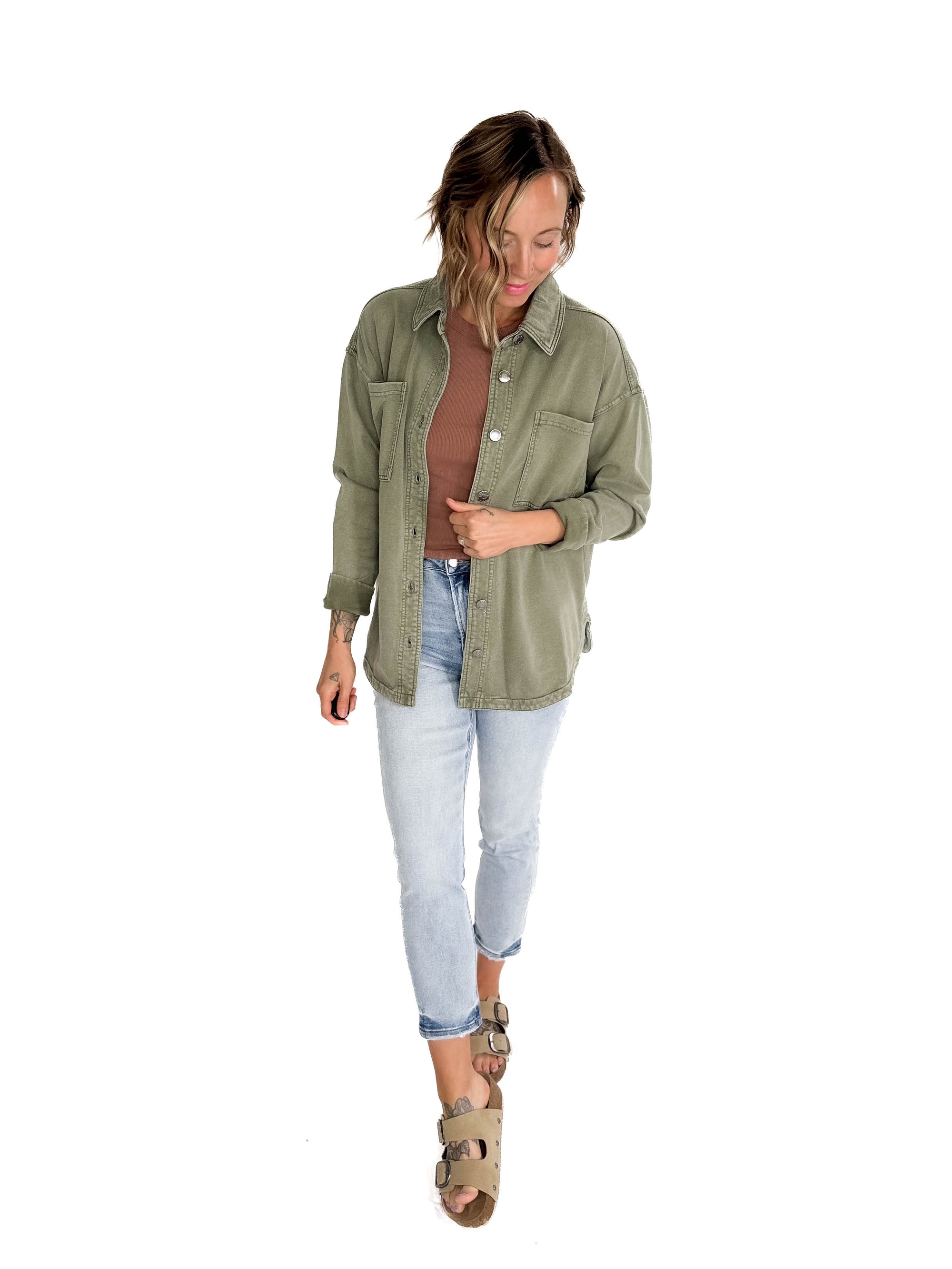 Bethany Washed French Terry Shacket- OLIVE