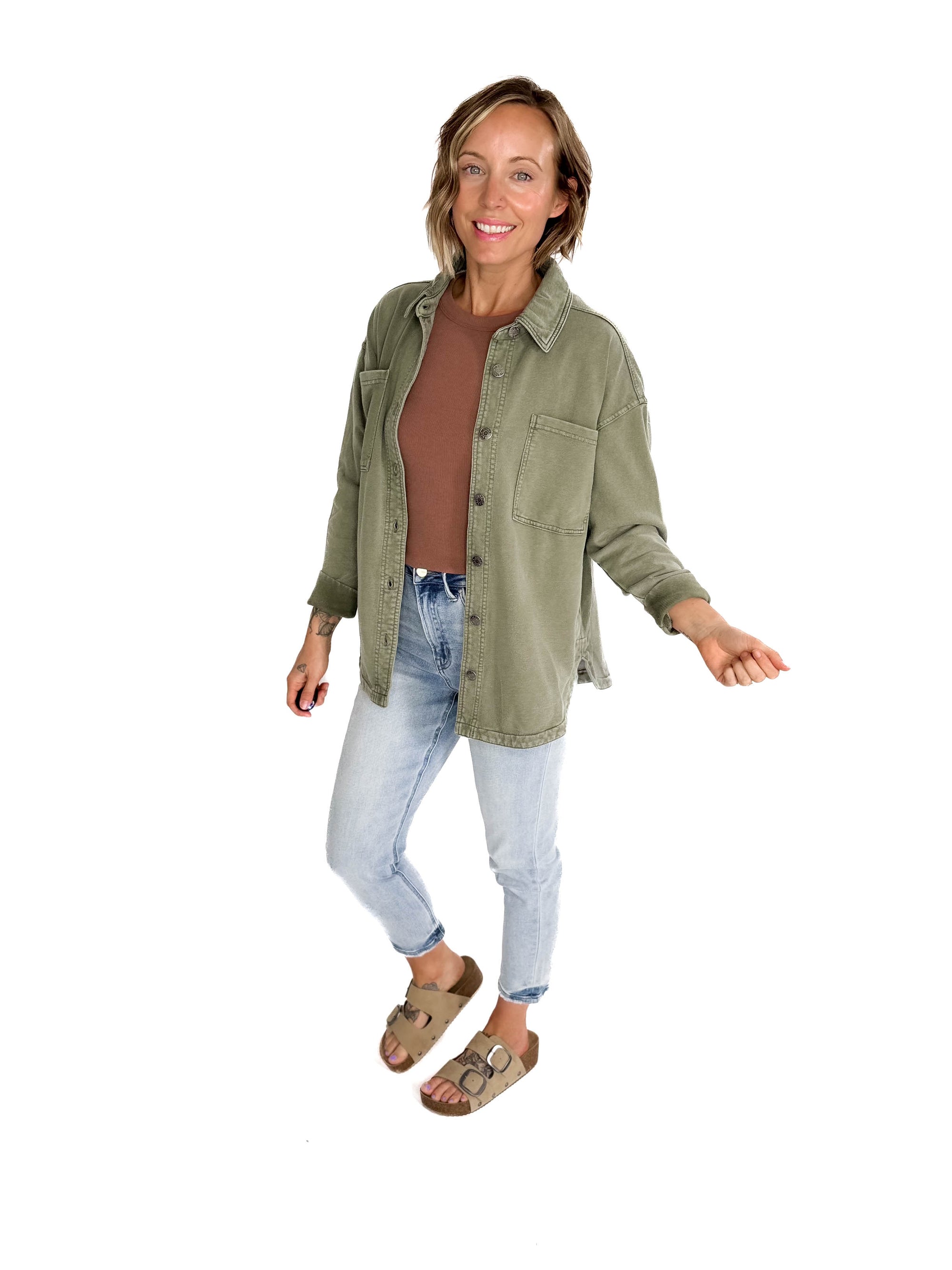 Bethany Washed French Terry Shacket- OLIVE