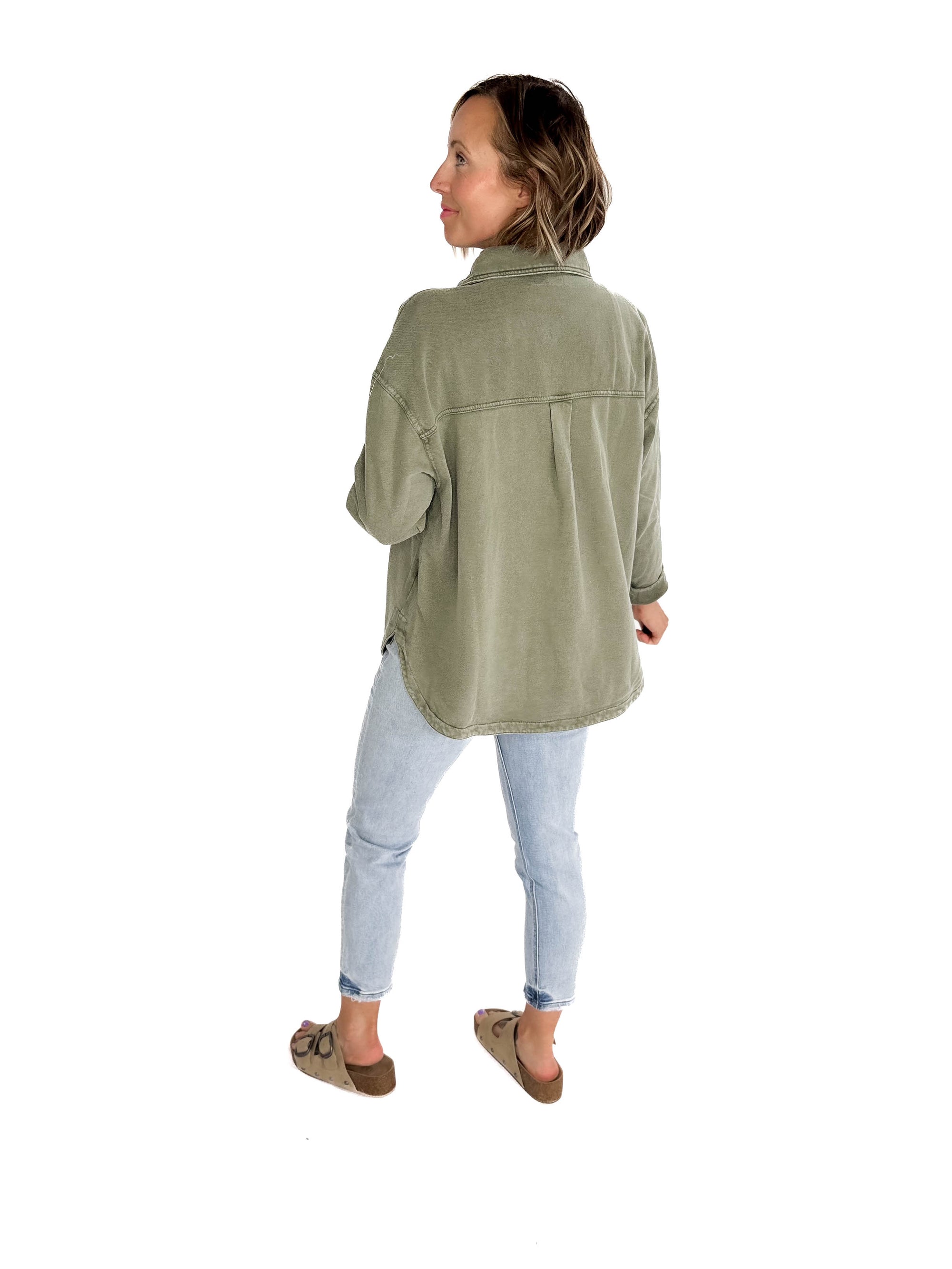 Bethany Washed French Terry Shacket- OLIVE