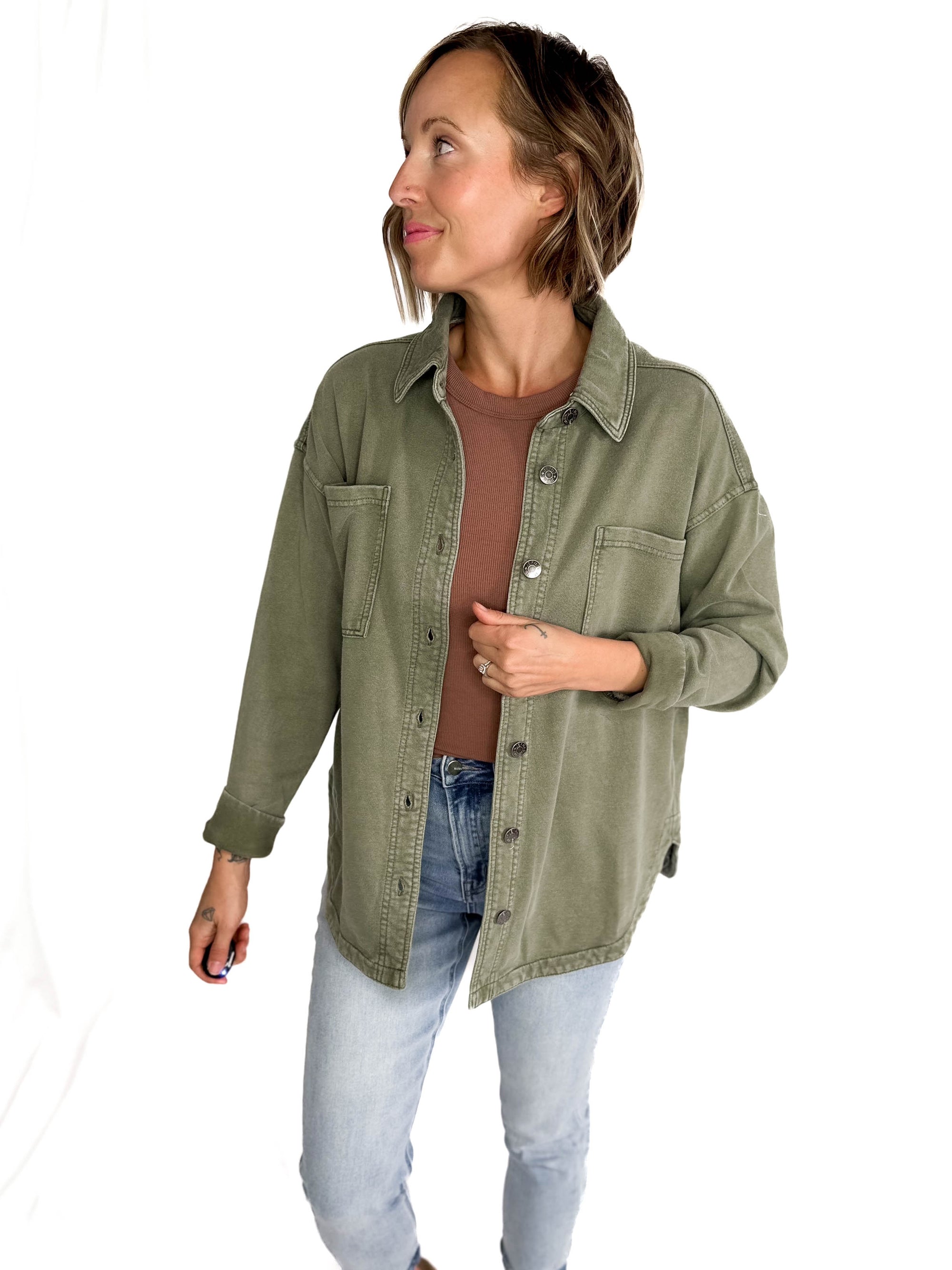 Bethany Washed French Terry Shacket- OLIVE
