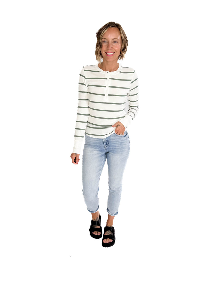 Chleo Classic Ribbed Striped Henley- SPRUCE