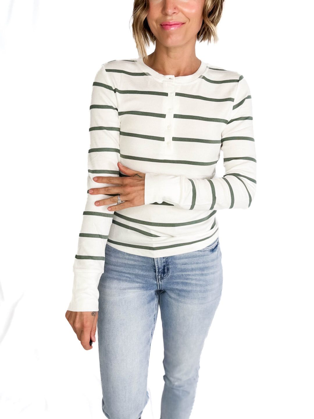 Chleo Classic Ribbed Striped Henley- SPRUCE