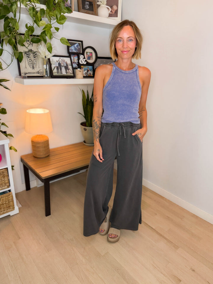 Solana Washed French Terry Wide Leg Pant- BLACK