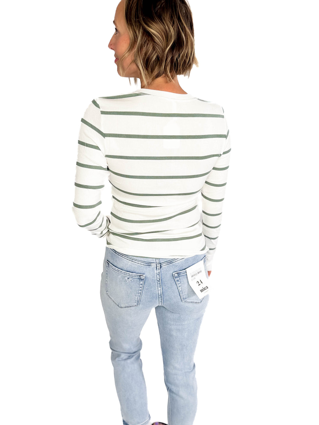 Chleo Classic Ribbed Striped Henley- SPRUCE