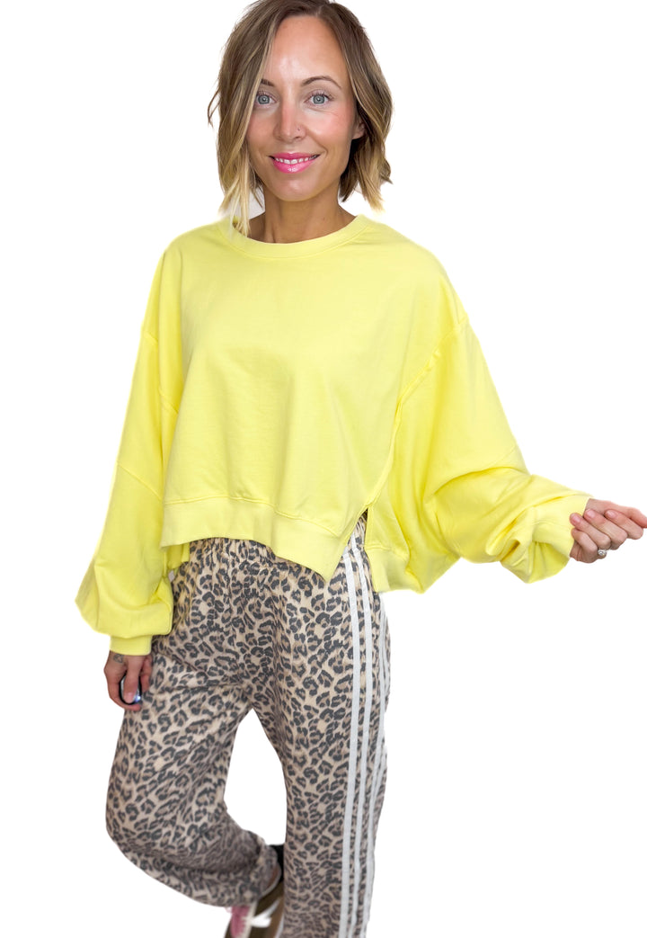 Amelia Cropped Drop Shoulder Pullover- BRIGHT LEMON