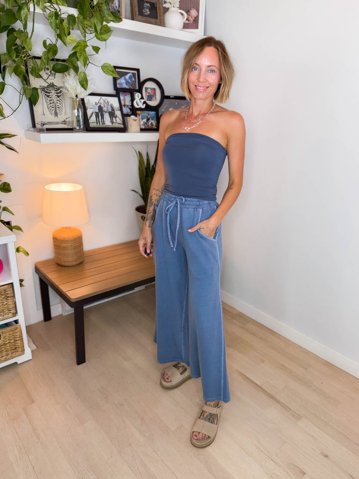 Solana Washed French Terry Wide Leg Pant- DUSTY BLUE