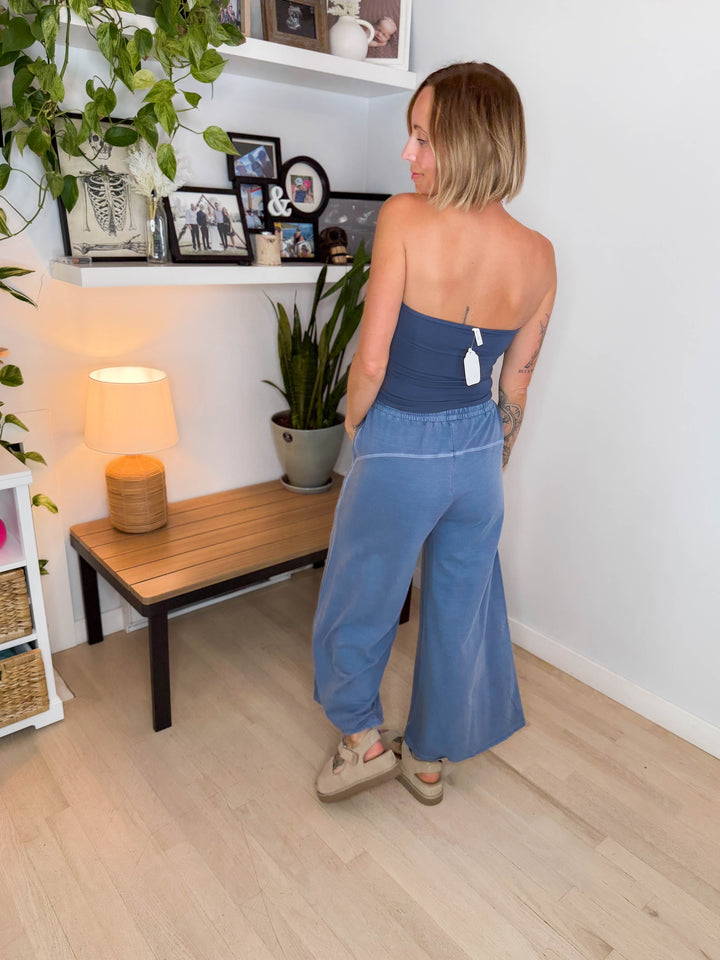 Solana Washed French Terry Wide Leg Pant- DUSTY BLUE