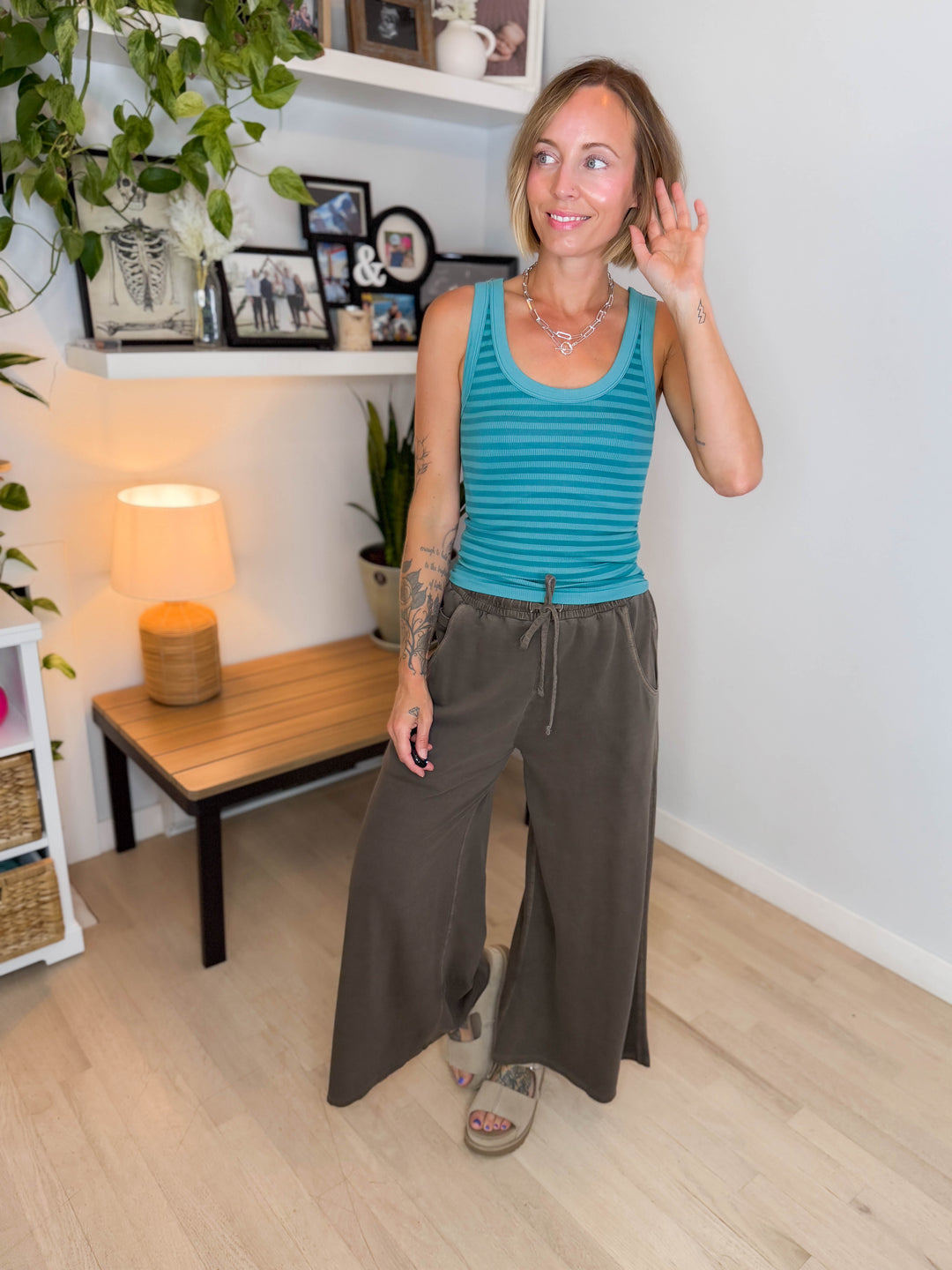 Solana Washed French Terry Wide Leg Pant- BROWN