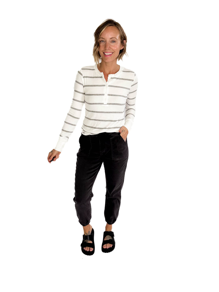 Chleo Classic Ribbed Striped Henley- HEATHER GREY