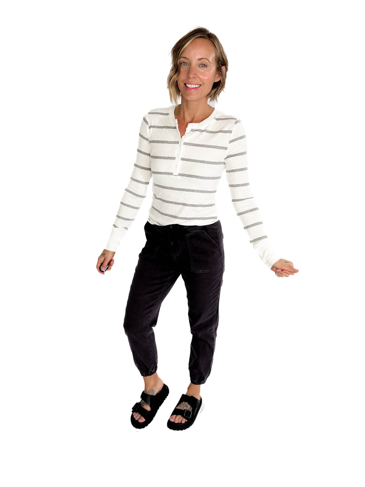 Chleo Classic Ribbed Striped Henley- HEATHER GREY