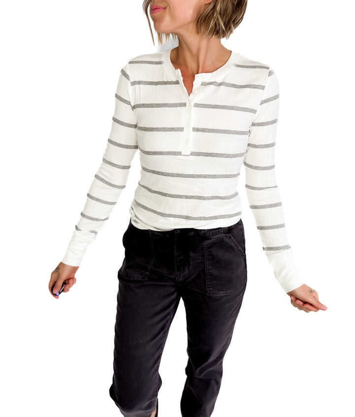 Chleo Classic Ribbed Striped Henley- HEATHER GREY