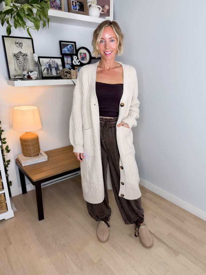 POL Heirloom Cable Knit Cardigan- ALMOND