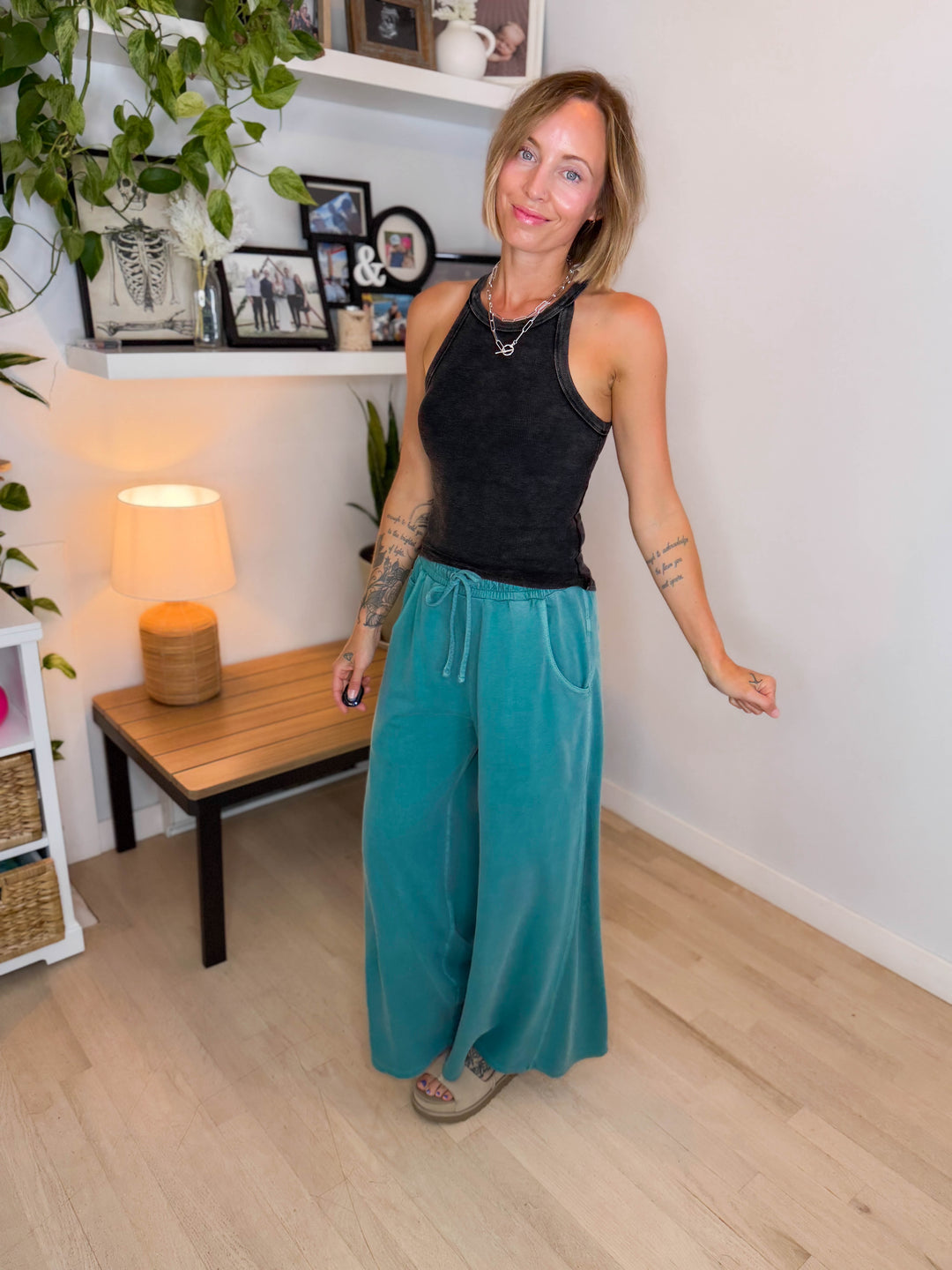 Solana Washed French Terry Wide Leg Pant- TEAL