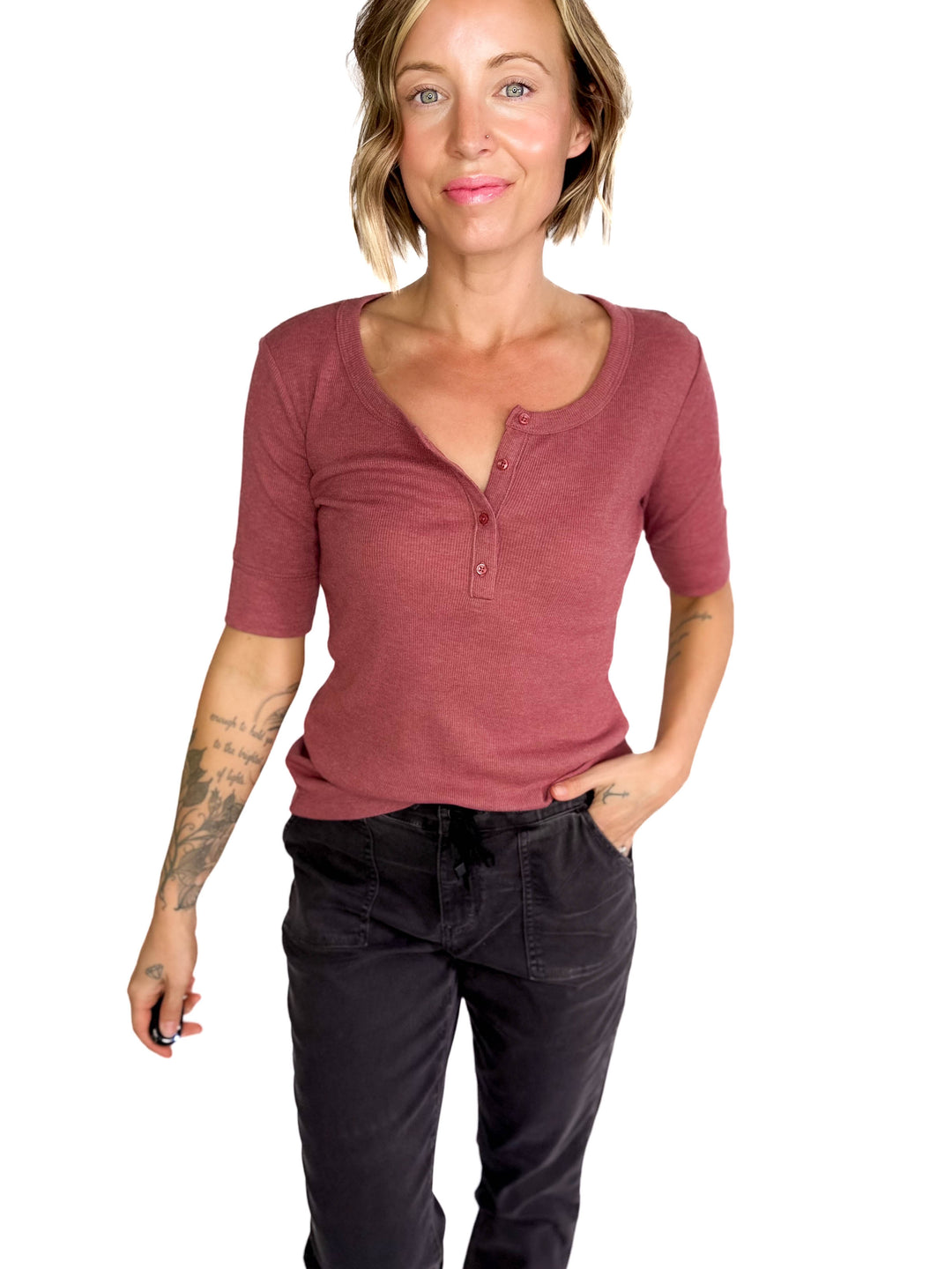 Melissa Ribbed 1/2 Sleeve Henley Top- HEATHER BURGUNDY