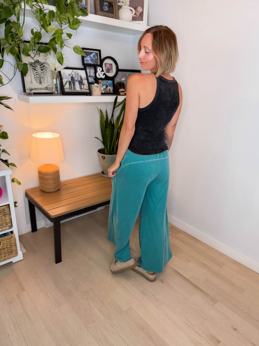 Solana Washed French Terry Wide Leg Pant- TEAL