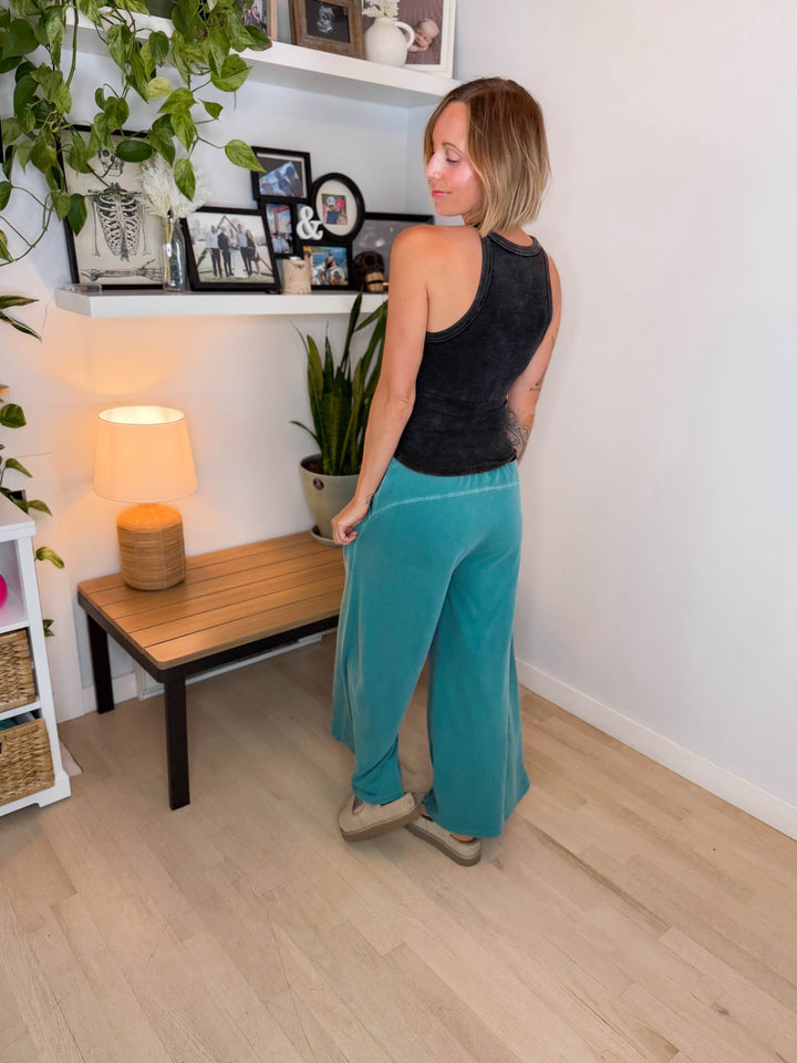 Solana Washed French Terry Wide Leg Pant- TEAL