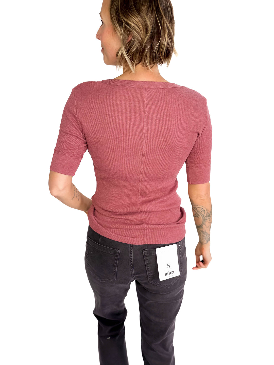 Melissa Ribbed 1/2 Sleeve Henley Top- HEATHER BURGUNDY