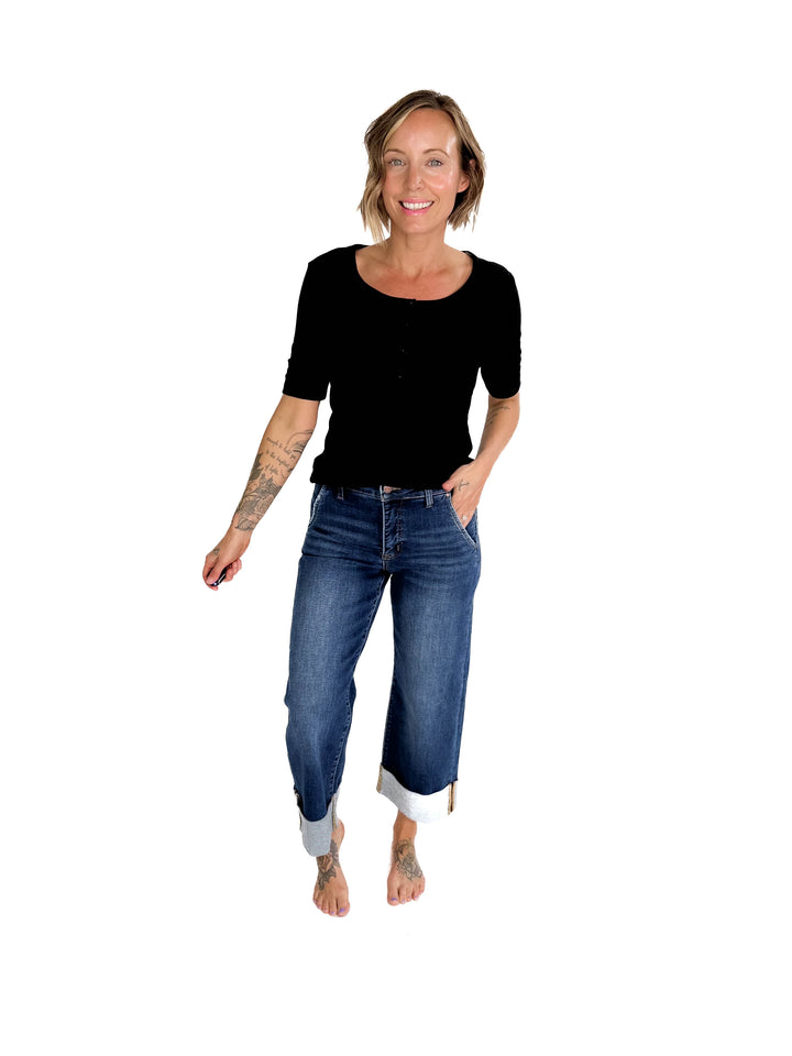 Melissa Ribbed 1/2 Sleeve Henley Top- BLACK