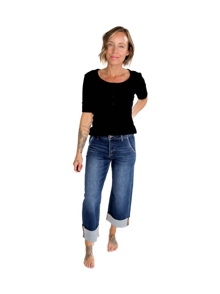 Melissa Ribbed 1/2 Sleeve Henley Top- BLACK