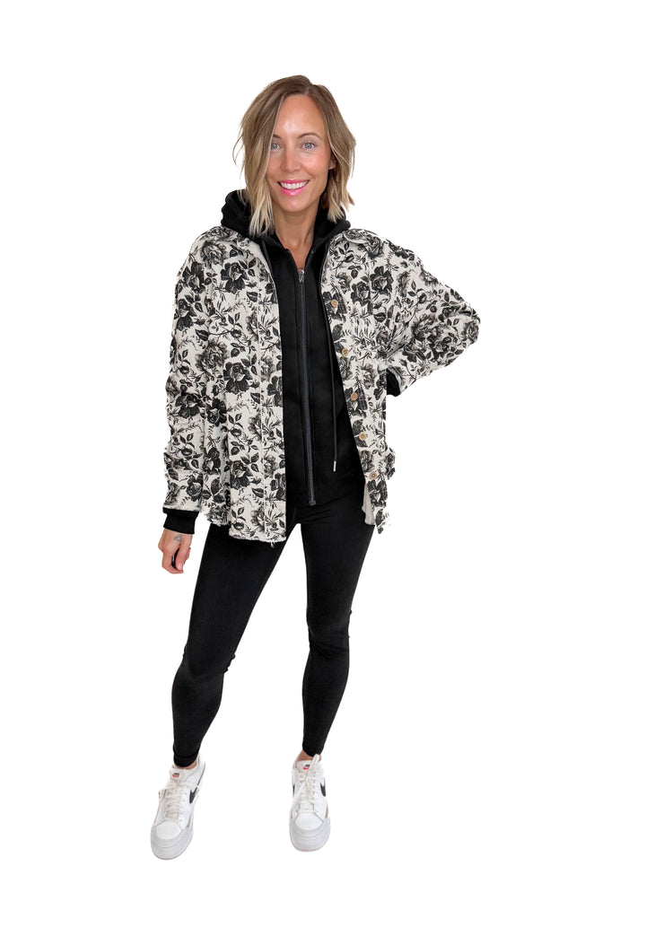 Rosette Vintage Rose Twill Shacket- GREY/BLACK