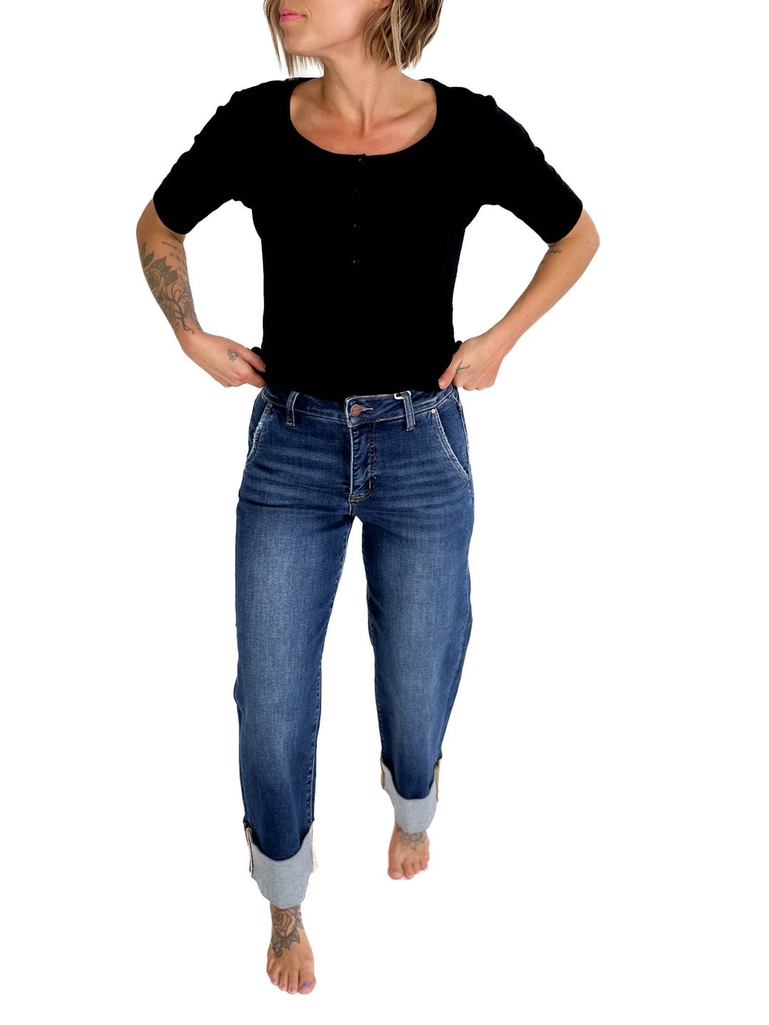 Risen Shavon High Rise Ankle Wide Cuffed Jeans- DARK DENIM-FINAL SALE