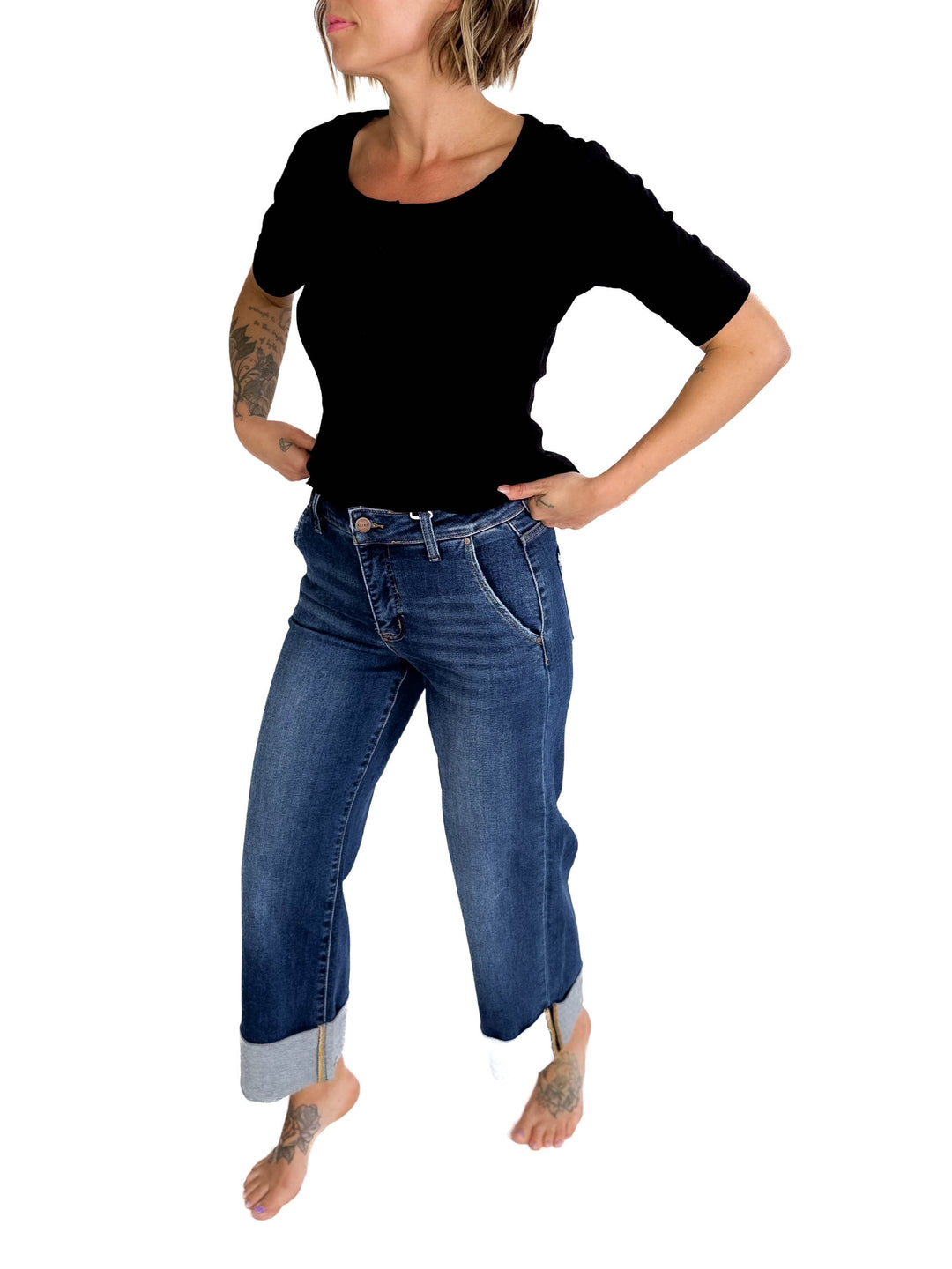 Risen Shavon High Rise Ankle Wide Cuffed Jeans- DARK DENIM-FINAL SALE