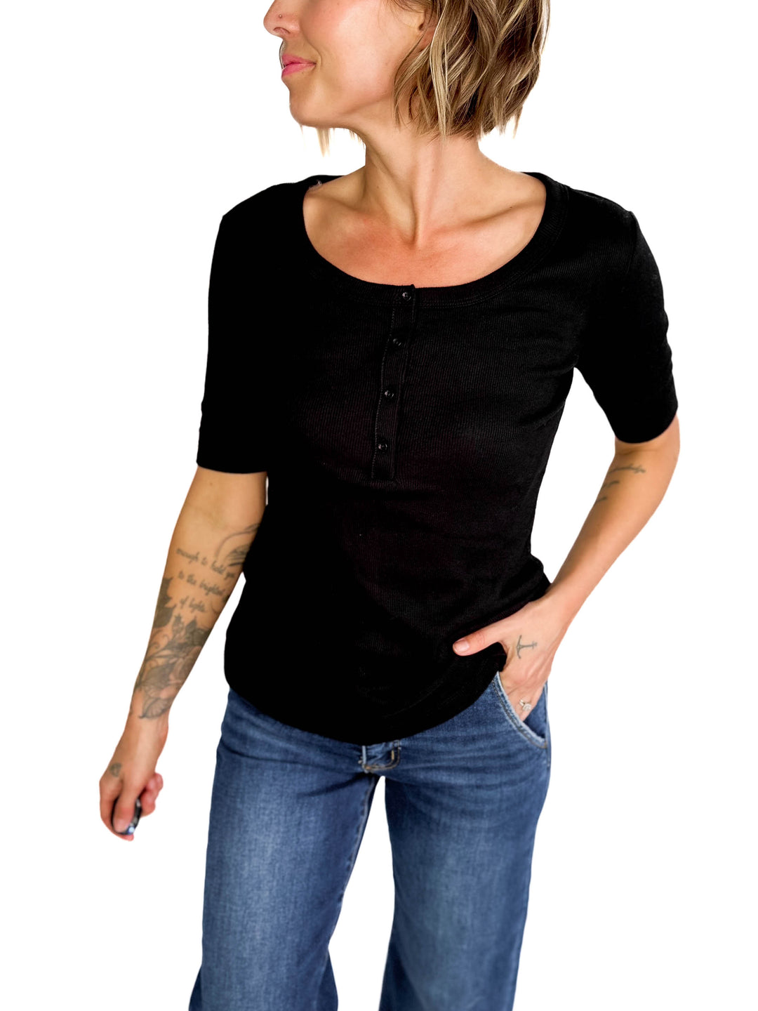 Melissa Ribbed 1/2 Sleeve Henley Top- BLACK