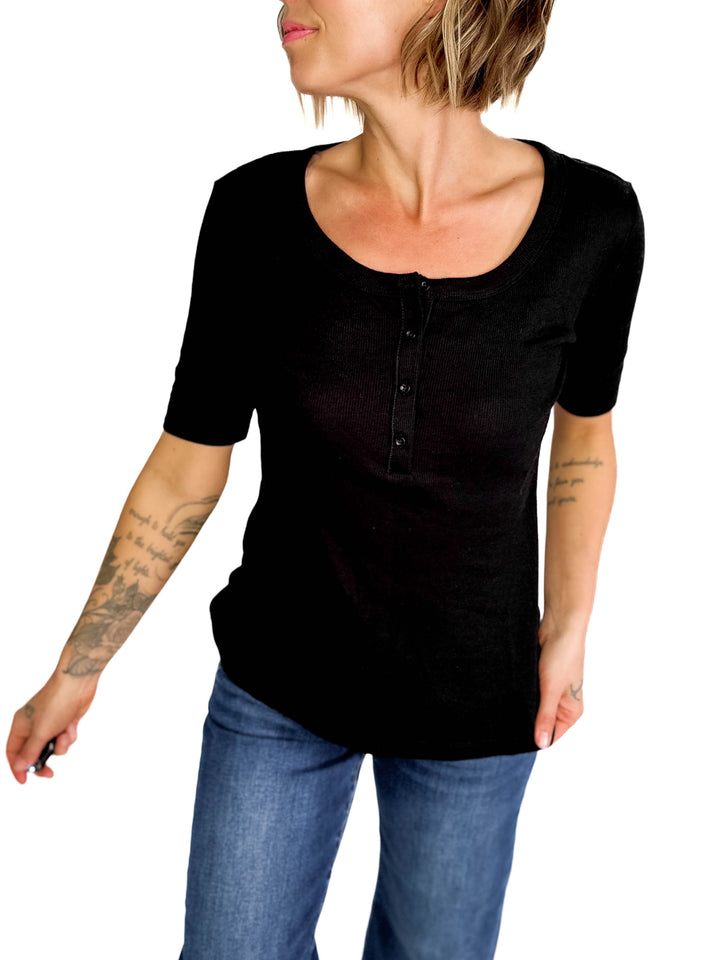 Melissa Ribbed 1/2 Sleeve Henley Top- BLACK